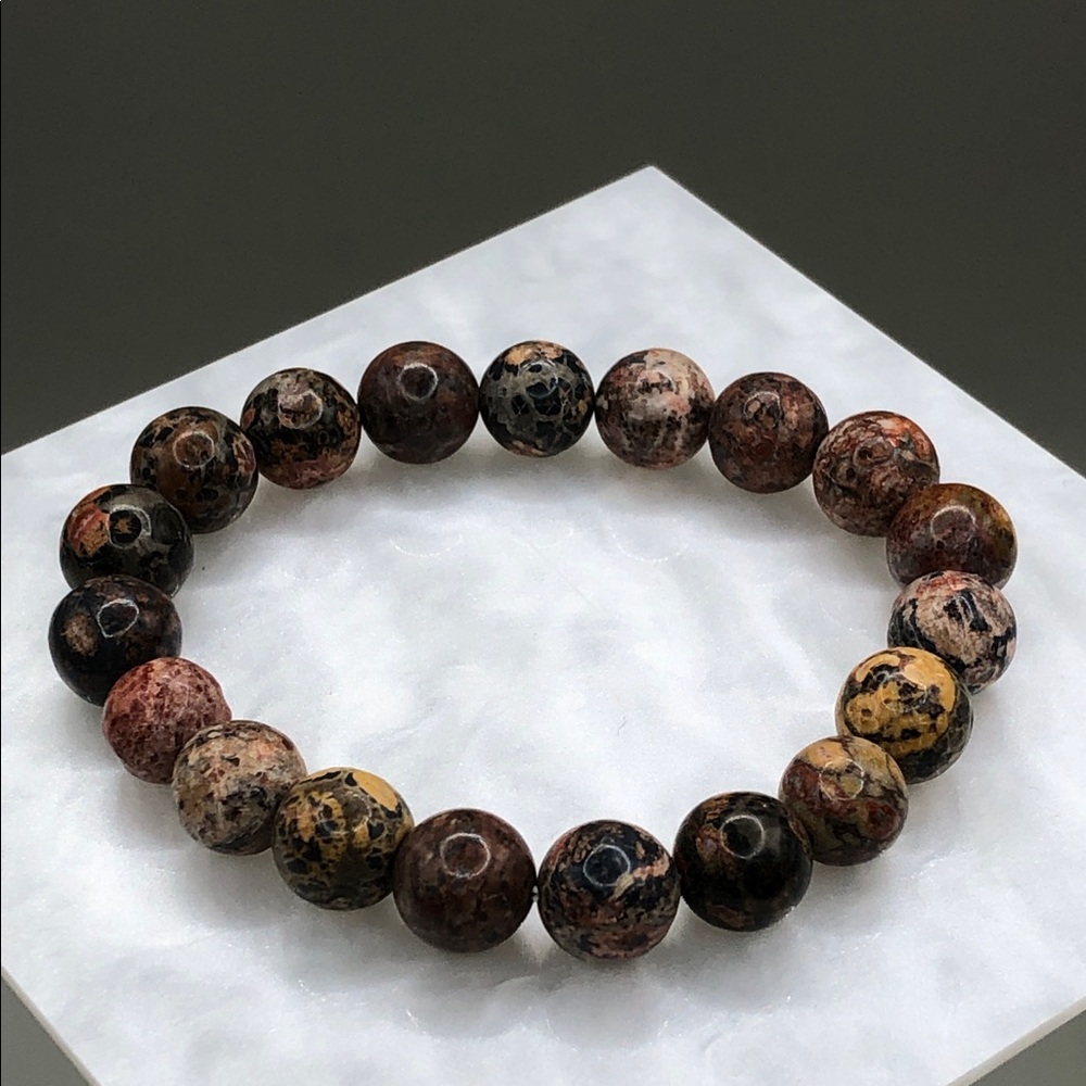 Leopard Skin Jasper Beaded Stretch Bracelet Single Strand Layer Stack Boho